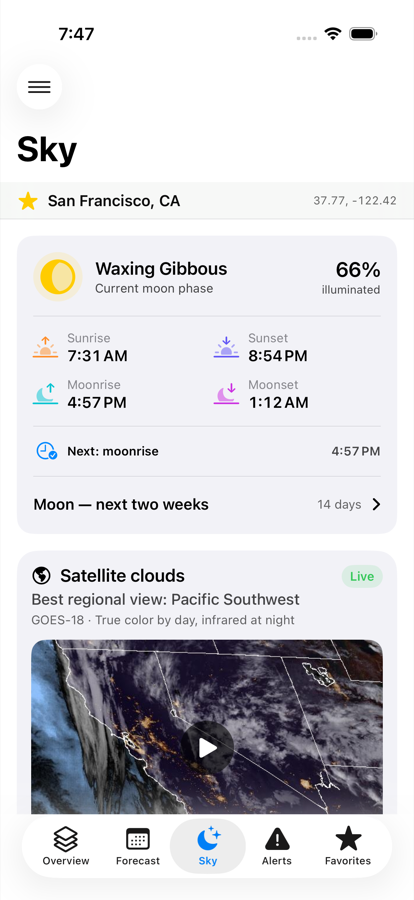 Bellweather sky screen showing sunrise, moon, and satellites
